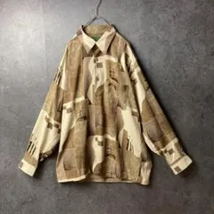 ヴィンテージ　長袖シャツ　柄シャツ　ブラウン　総柄　レトロカラー
