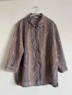 レトロ 総柄シャツ 七分袖 パープル ピンク ブラウン 古着