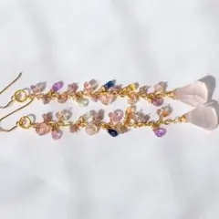 14kgfローズクォーツラフドロップ、マルチカラーサファイアピアス/イヤリング