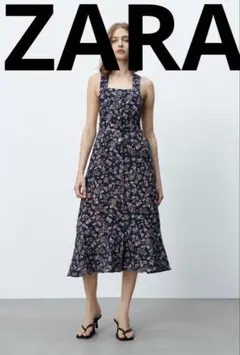 ZARA ネイビー 花柄 ワンピース　ドレス　ジャンパースカート