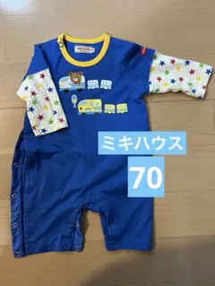 青色電車プリントロンパース　重ね着風