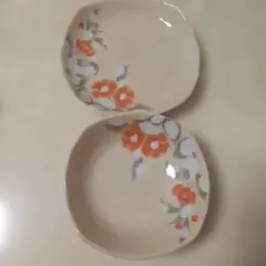 オレンジ花模様 八角形陶器皿 2枚セット