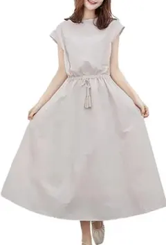 ホ*マ様 ベージュ　ワンピース　フレンチスリーブ　ウエストリボン　ウエストマーク