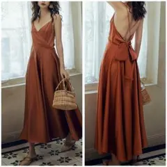 キャミソールテラコッタ　ロングワンピース　レディース春夏　パーティードレス　背中