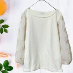 アースミュージック&エコロジー 七分袖 シフォンスリーブ カットソー 花柄刺繍