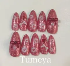 ネイルチップ　大人　ワンホン　ガーリー　リボン　赤　ピンク　キラキラ　ラメ