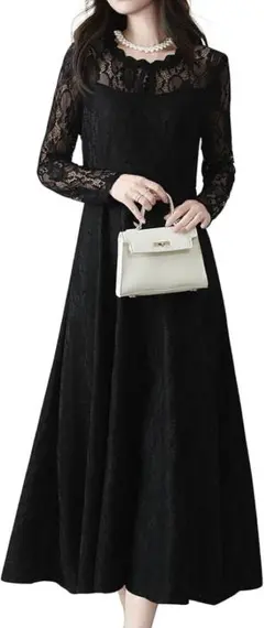 [Yino] ワンピース レディース レース ミモレ 長袖 立ち襟 S