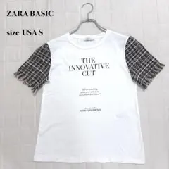 ..ZARA BASIC ツイード袖 ロゴTシャツ 白 USA S フリンジのサムネイル