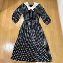 ピンクハウス　カネコイサオ黒白ドットレース襟リボン　ピンタックロングワンピース