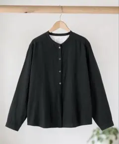 無印良品　カポック混二重ガーゼ長袖ブラウス　黒.XL