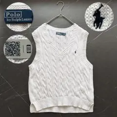 ポロバイラルフローレン ケーブルニットベスト 白 M 100％ Vネック