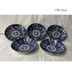 F1690 古伊万里 印判 染付 小皿 5枚 口径14cm 印判手