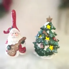 サンタクロースBellとクリスマスツリーのキャンドルホルダーセット陶器製