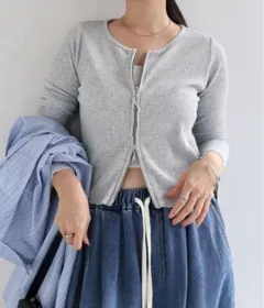 セルフカットリブショート丈ジップカーディガン　　グレーリブ編み長袖カーディガン