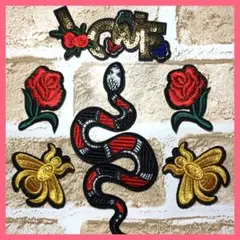 刺繍 ヘビ バラ アイロンワッペン ハチ ゴールド 手芸 diy リメイク ６枚