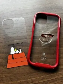 iFace iPhone14ケース 赤 スヌーピーインナーシートと猫型リング付き