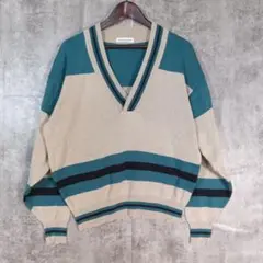 Vネック ニットセーター ベージュ/ターコイズ　綿 麻 混紡 No53