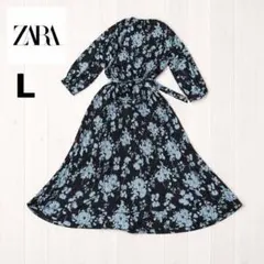 【美品】ザラ 花柄ロングワンピース プリーツ L ウエストリボン 黒 ZARA