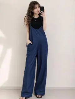 大人可愛い サロペット ネイビー ワイドパンツ ゆる 着痩せ 体型カバー