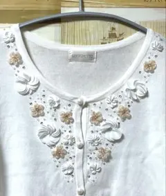 LODISPOTTO 半袖 カーディガン 花 装飾 ビーズ 白 M
