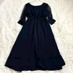 7256 美品✨七分袖 パーティードレス 結婚式 ミモレ丈 フレア 綺麗め 濃紺