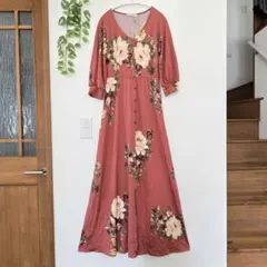 花柄 ロングワンピース Vネック 七分袖 フレア レトロ Sサイズ 体型カバー