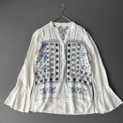 Desigual 刺繍ブラウス レース切替 パッチワーク風 ベルスリーブ　38