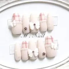 ネイルチップ フレンチガーリー リボン ピンク チェックネイル 量産型 韓国