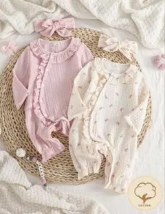 女の子ベビーロンパース2枚セット　コットンガーゼ　リボン付き　1-3month