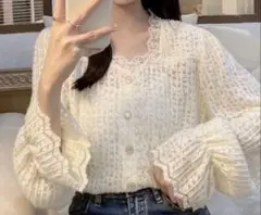 ホワイトレースカーディガン　長袖ブラウスソリッド レーストリム ラッフルスリーブ