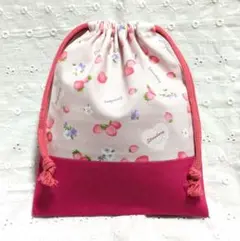 ハンドメイド、苺柄の給食袋、巾着袋、コップ入れ、ピンク