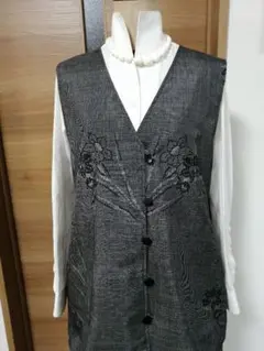 着物リメイク水仙のリバーシブルベスト／セットアップ、大島紬、L〜LLサイズ