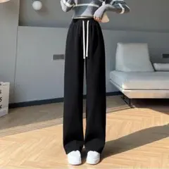 ワイドパンツ ゆったり　韓国　ゆったり　美脚　着痩せ　無地　白　カジュアル　ゴム