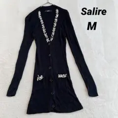 【サリア】ロングカーディガン (M) 黒 ビジュー リブ きれいめ