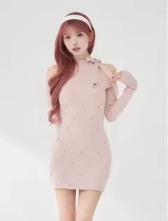 Darich ダーリッチ キルティングビジューニットミニワンピース ピンク