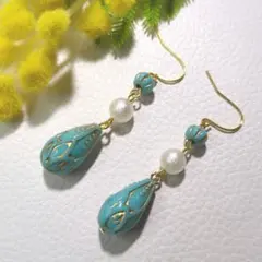 ハンドメイドピアス　2448　　　　しずく型アンティーク調ビーズ