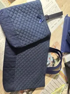 ネイビー キルティング 刺し子布 リボン付き　受験バッグ　面接　手提げバッグ