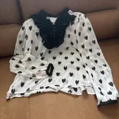 ハート柄 シースルー フリルブラウス 黒 フリル襟 長袖 韓国 地雷系 M