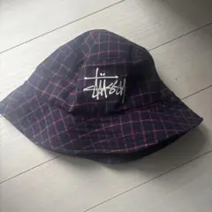 stussy チェック柄バケットハット ネイビー/レッド