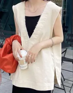 DISCOAT　USコットンフリンジ深Vベスト　F　アイボリー　シーズンレス