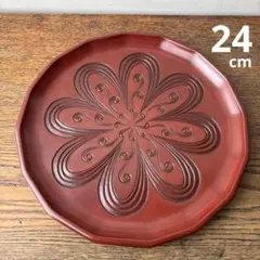 鎌倉彫 漆器 赤 木製 お盆 花模様 丸盆