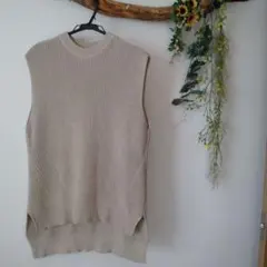 【美品】レディース　ニットベスト　手編み風　リブ編み 自然派　オーガニック