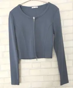 ★GU★ブルーグレー クロップドジャケット リブ編み ジッパー付き　　　M