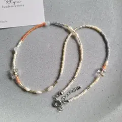 淡水パール　ケシパール　天然石　ビーズネックレス　ハンドメイド　オレンジ　春