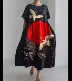 XL 和柄 モダン 鶴 ロングワンピース 半袖 ゆったり