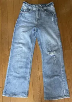 H&Mライトブルー ダメージ加工 ワイドレッグデニム40サイズ