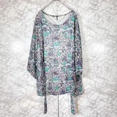 【美品】チュニックブラウス（花柄）M 薄手 ウエストリボン付き　バックボタン