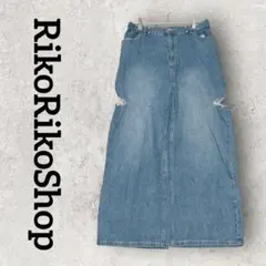 ワイドデニムパンツ ダメージデニム ストレート (L) ブルー系 レディース