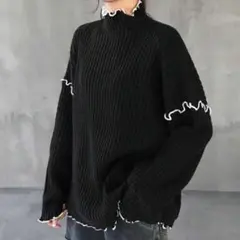 SHEIN ハイネック フリルネック ドロップショルダー ニット 黒