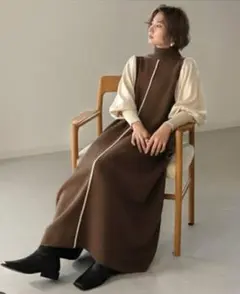 【新品】 値下げ！Bab 配色ニットロングワンピース モカ FREE